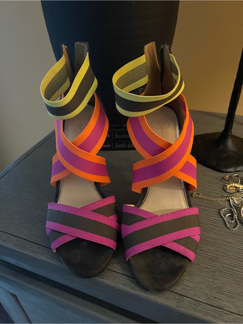 Jessica Simpson Multicolor Strappy Heels in Pink, Orange, Yellow, camo